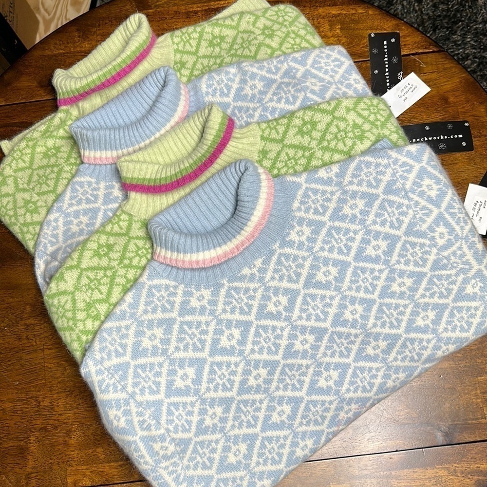 Neckworks  pullover 50 wool 40angora spring blue color geometric design NWT.